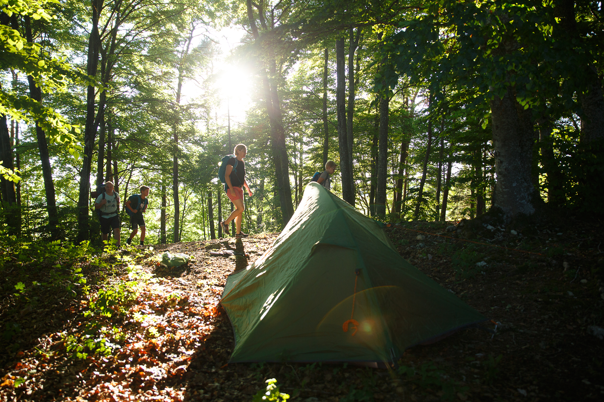 Trekking im Naturpark Obere Donau (c) Mailin Müller Trekking-Zelt im Wald, im Hintergrund laufen Wanderer vorbei