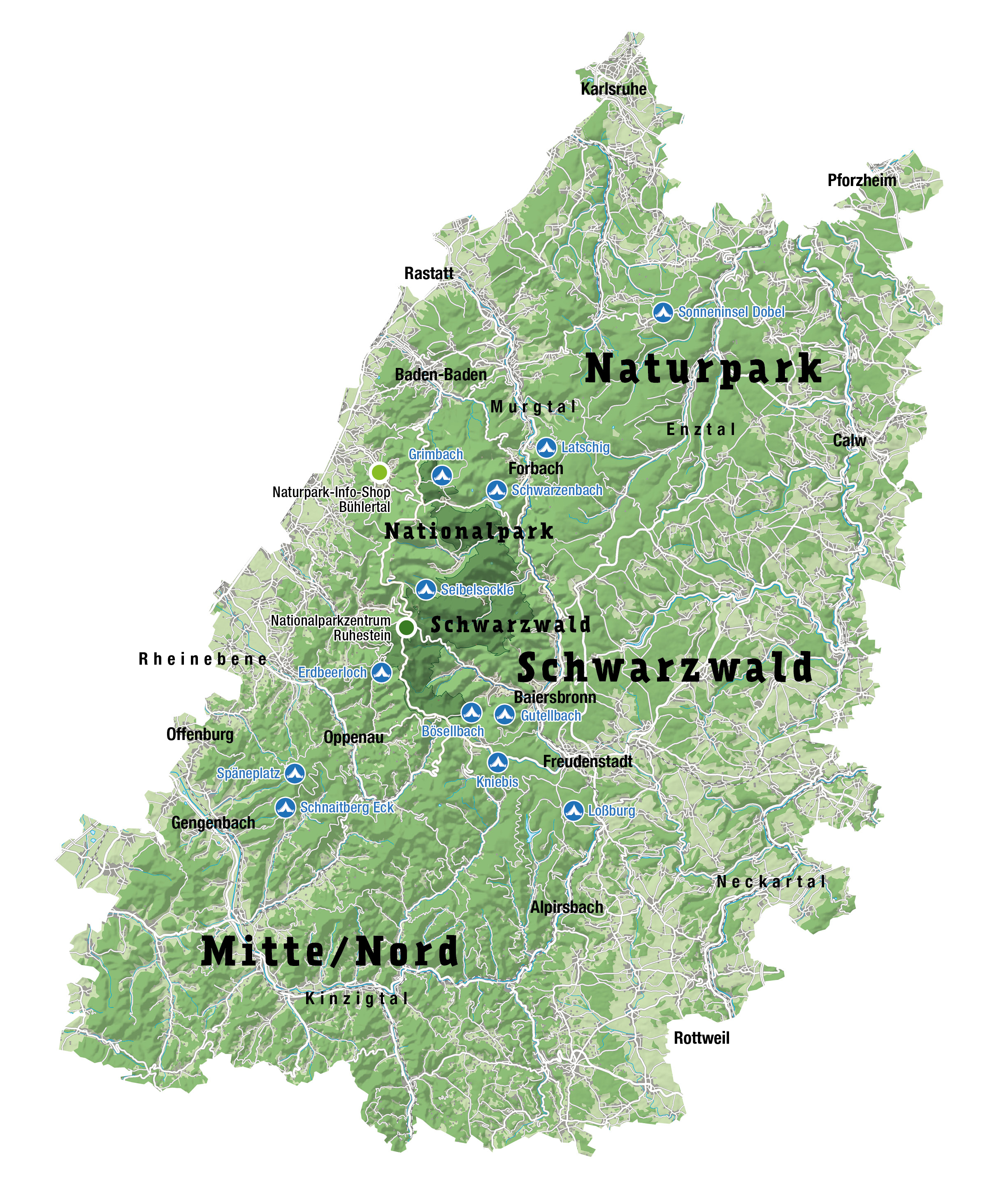 Die Trekking-Camps im Nordschwarzwald Eine Karte vom Naturpark Schwarzwald Mitte/Nord mit dem Nationalpark eingezeichnet