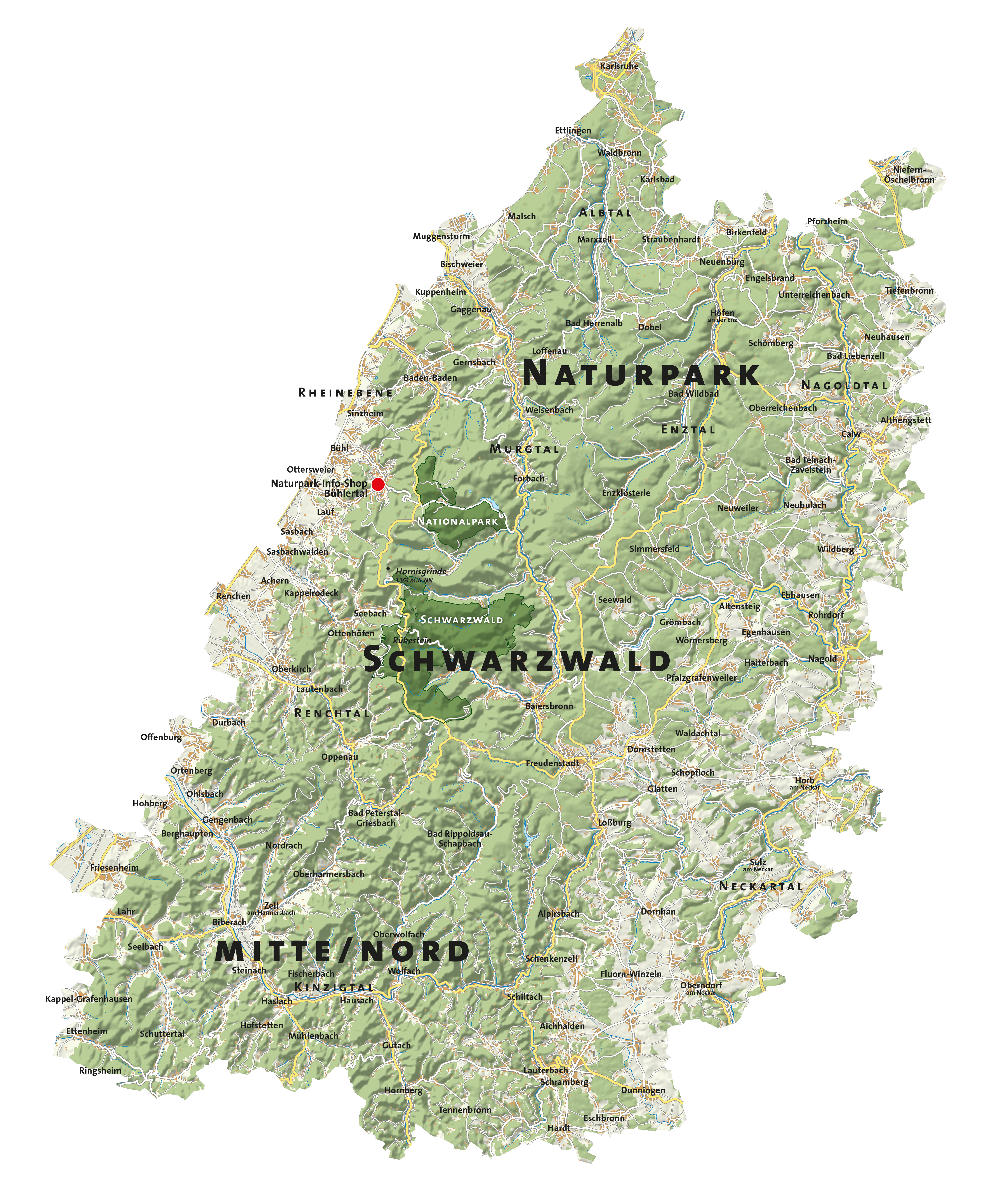 Eine Karte vom Naturpark Schwarzwald Mitte/Nord mit dem Nationalpark eingezeichnet